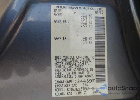 2018 Nissan Altima 2.5 Sr из США, поврежденный, VIN 1N4AL3AP1JC244397